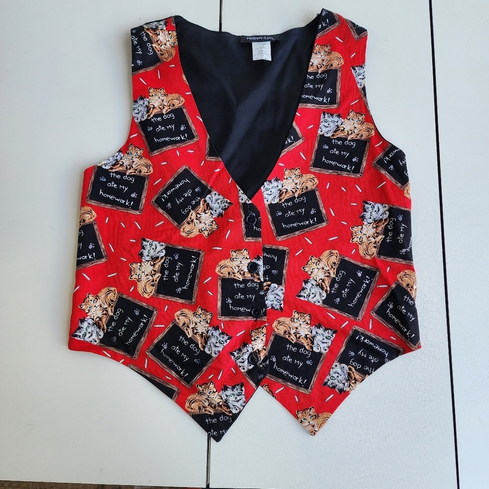Robyn-Lyn Womens The Dog Ate My Homework Button Up Vest Red Black Cats Funny S/M